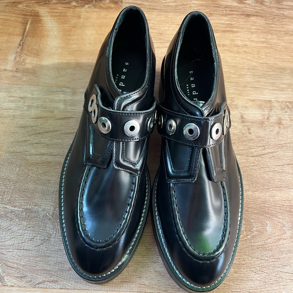 Sandro Black Leather Loafers with Silver Hardware